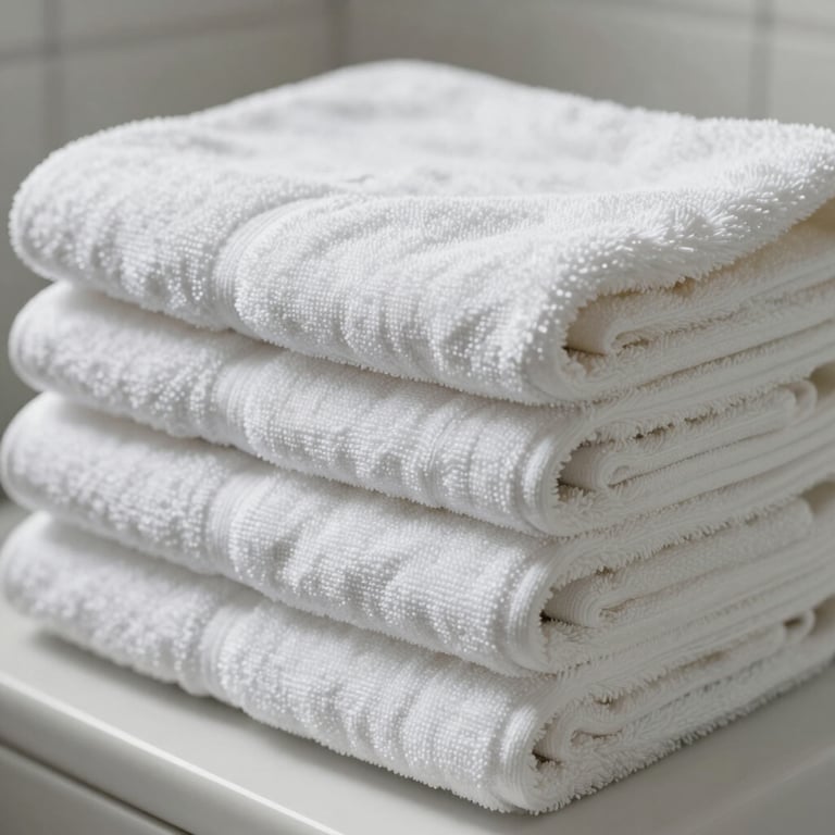 Close-up of freshly laundered and folded white towels in a pristine bathroom setting.