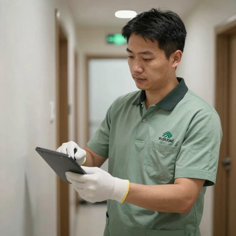 A cleaning professional in a neat uniform with a sage green logo, performing quality control in a hallway.