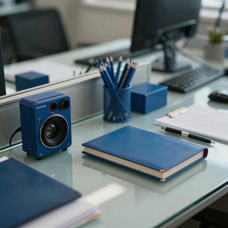 Sanitized and organized office workspace with reflective glass and steel blue stationery.