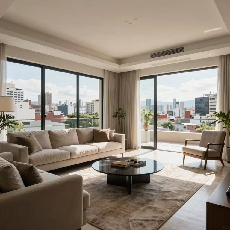 A wide shot of a sunlit living room with panoramic views of a city in Latin America, showcasing an immaculate finish.