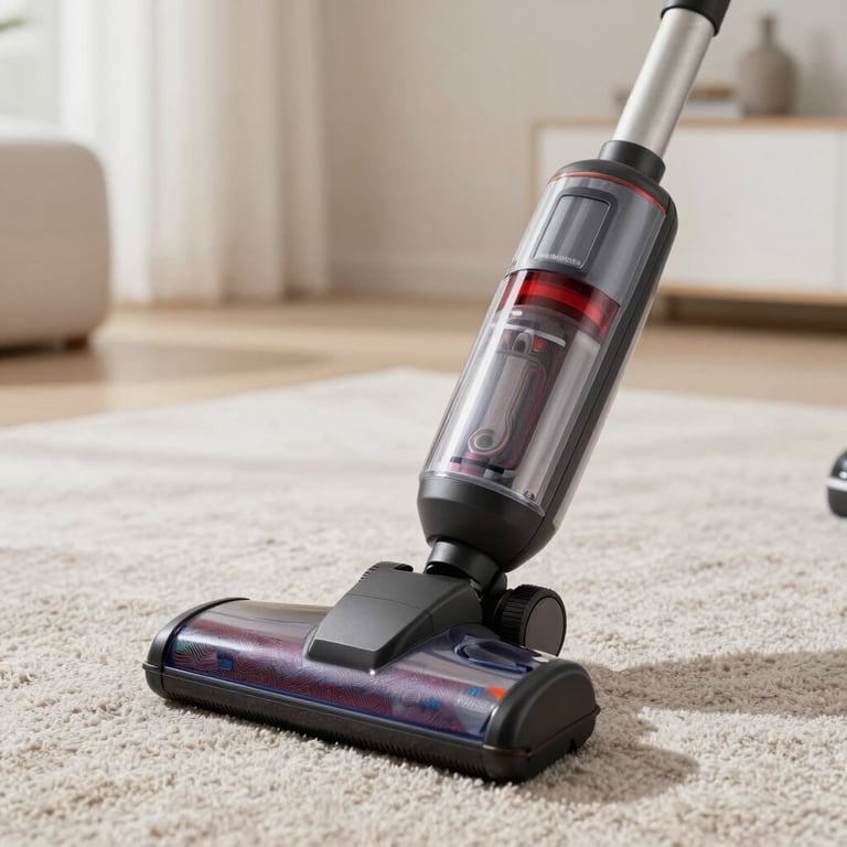 Detailed view of a professional vacuum cleaner being used on a luxury rug in a bright, minimalist room.
