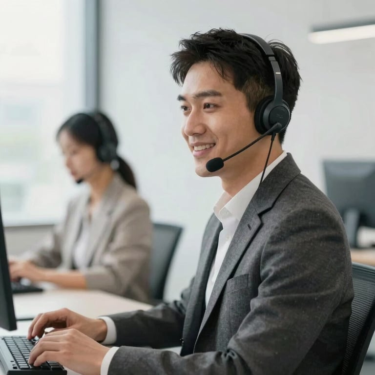 A professional portrait of a customer support specialist wearing a headset, in a bright and airy modern office setting.