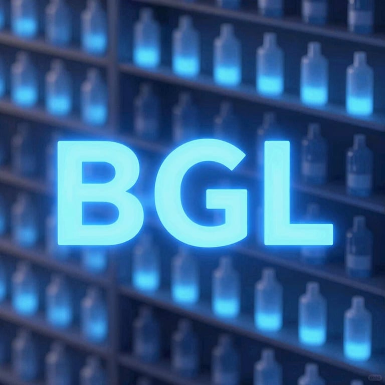 An abstract 3D visualization of Blue Gem Locks (BGL) glowing with a soft blue light, organized neatly as stock inventory.