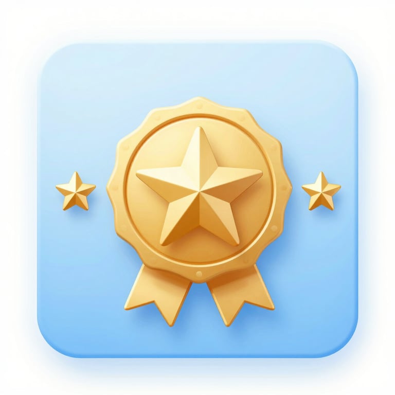 A digital gold-star rating badge icon representing five-star customer satisfaction on a clean white-blue background (#F0F8FF).