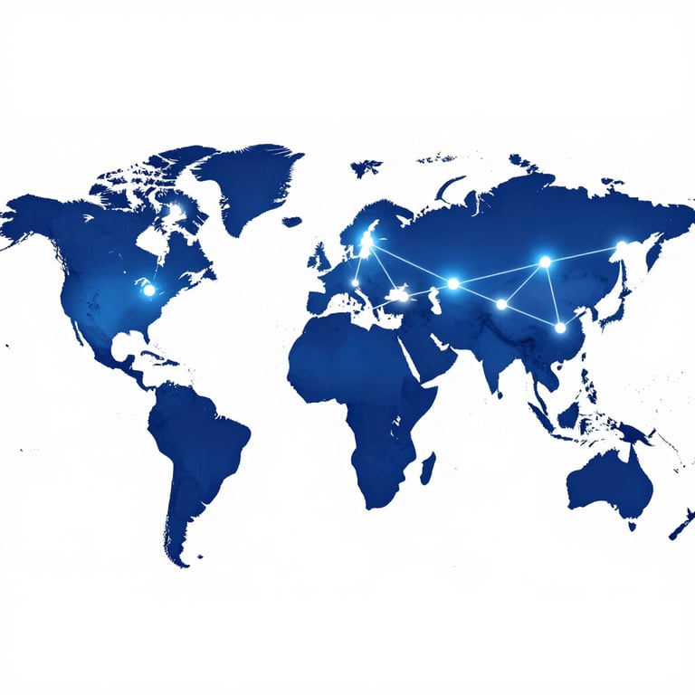 A stylized map with glowing nodes showing a global network of trusted traders, using colors #0A1C2C and #8CB8DB.