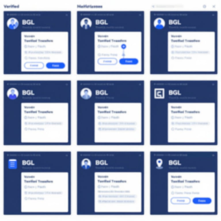 A collage of verified transaction screenshots showing successful BGL transfers, styled in a professional grid with blue overlays (#2C5D8B).