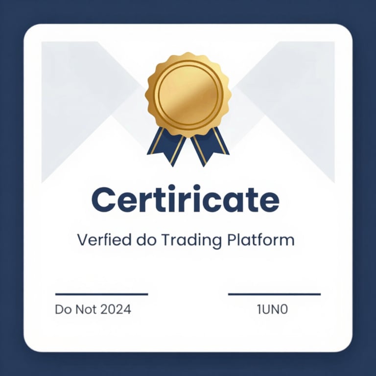 A certificate of authenticity graphic for a verified trading platform, with sleek lines and a professional corporate seal.