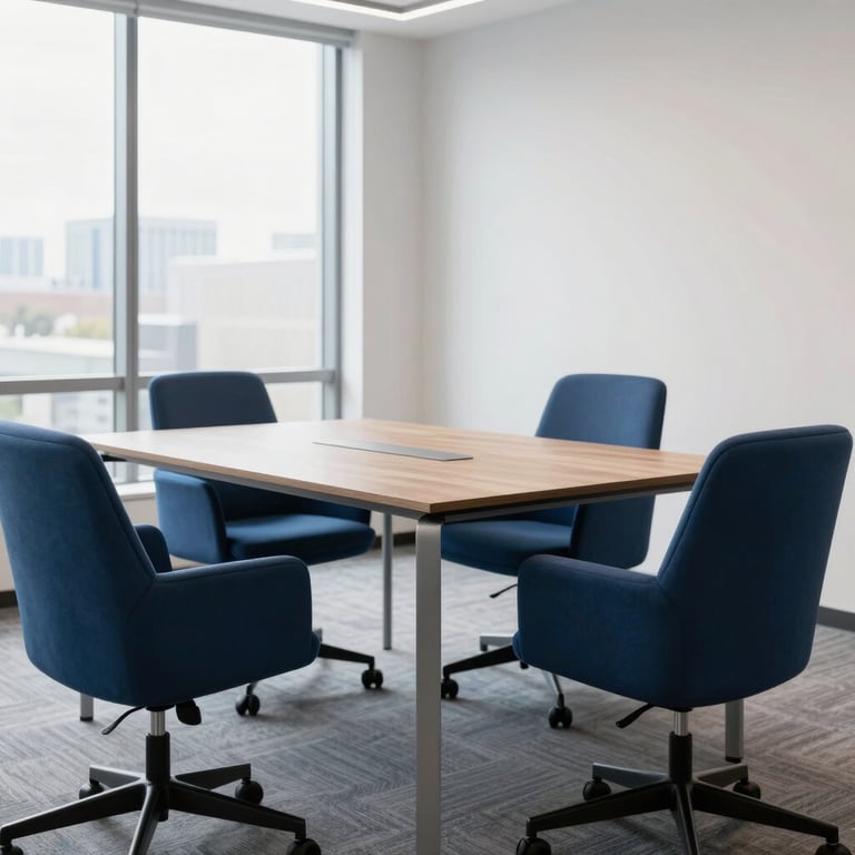 A minimalist boardroom table with indigo chairs in a bright, high-end North American office setting.