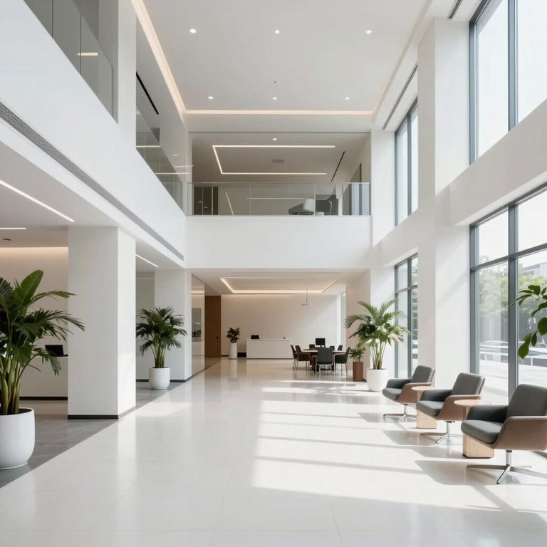 A bright and airy corporate lobby with clean lines, minimalist white decor, and sophisticated lighting.