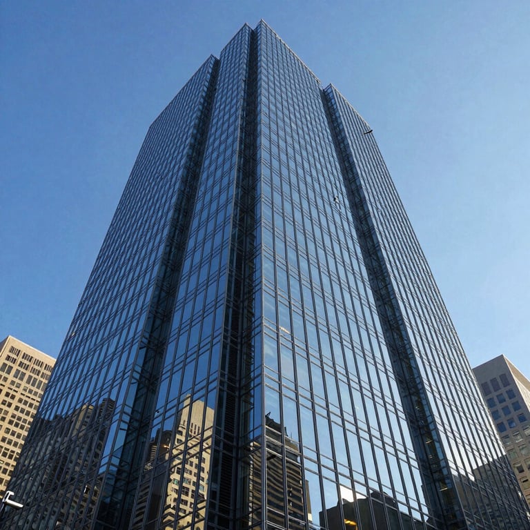 A low-angle shot of a modern glass skyscraper in a US financial district reflecting a clear blue sky.