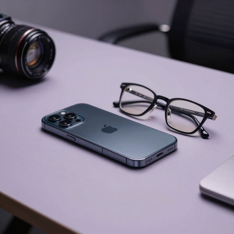 A sleek smartphone and designer glasses resting on a lavender gray table surface in a minimalist office.