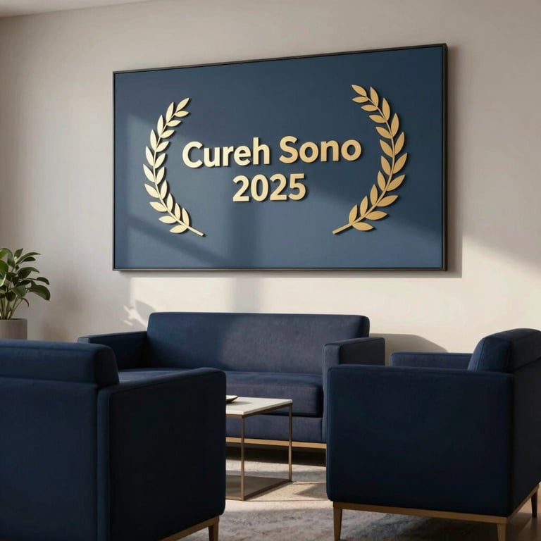 A sophisticated office interior with Deep Navy furniture and a minimalist Slate Blue wall hanging. Soft morning light.