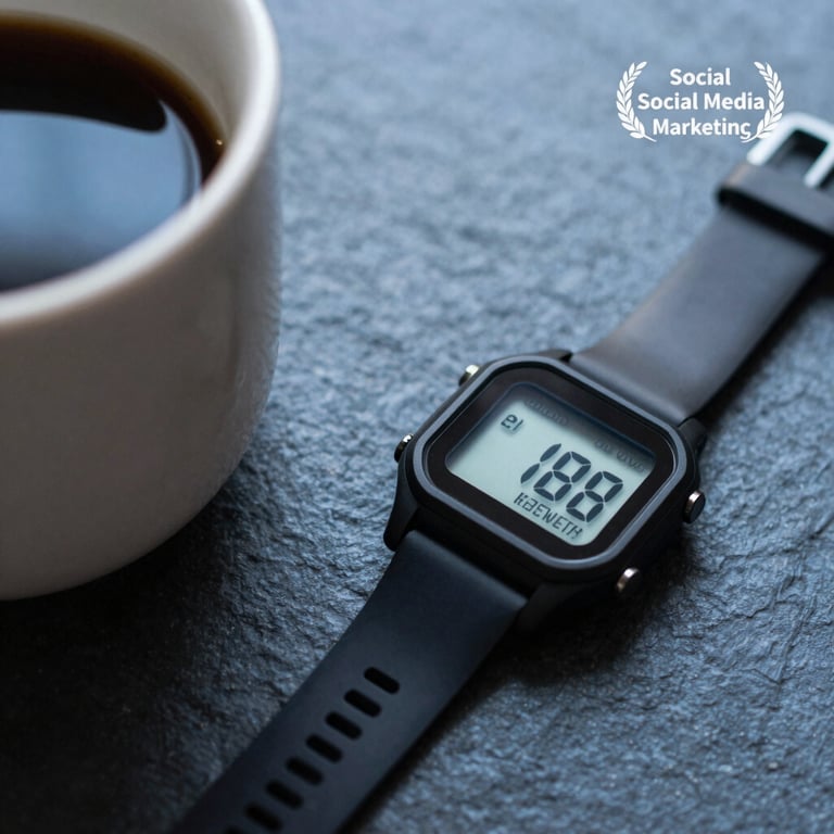 Close-up of a coffee cup and a digital watch on a Slate Blue surface, representing the fast-paced, digital nature of social media marketing.