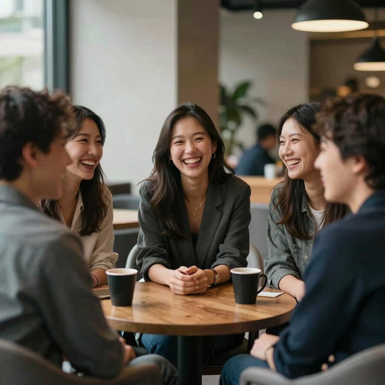 A group of young professionals laughing together in a modern lounge area, emphasizing an approachable and trust-filled environment.