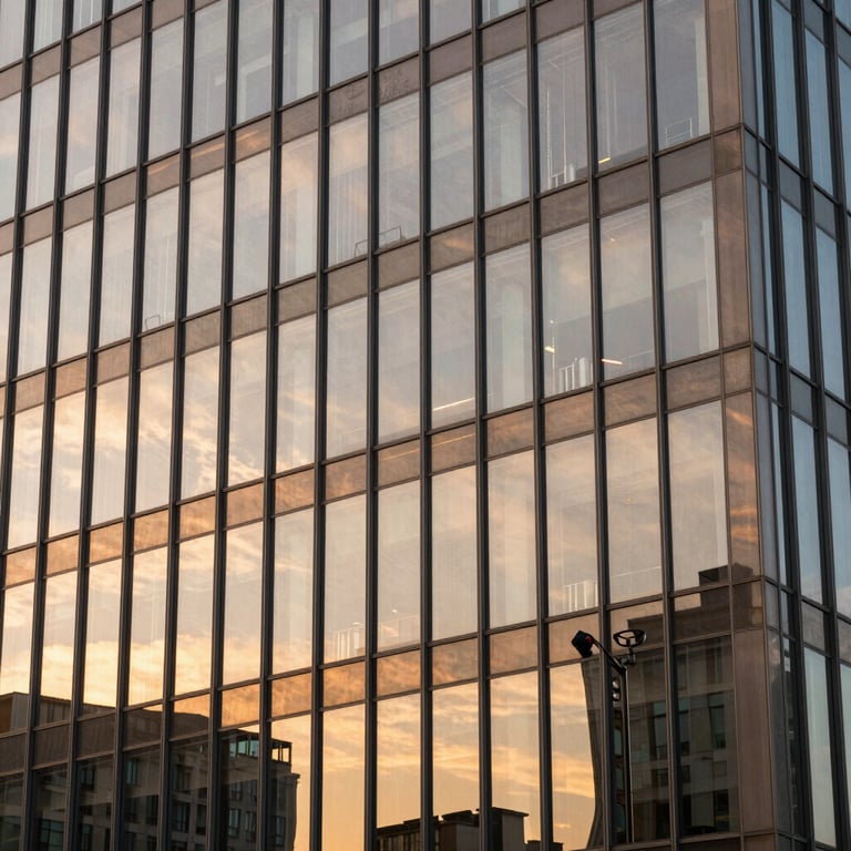 Abstract architectural shot of a modern glass building reflecting a Warm Bronze sunset, symbolizing growth and innovation.