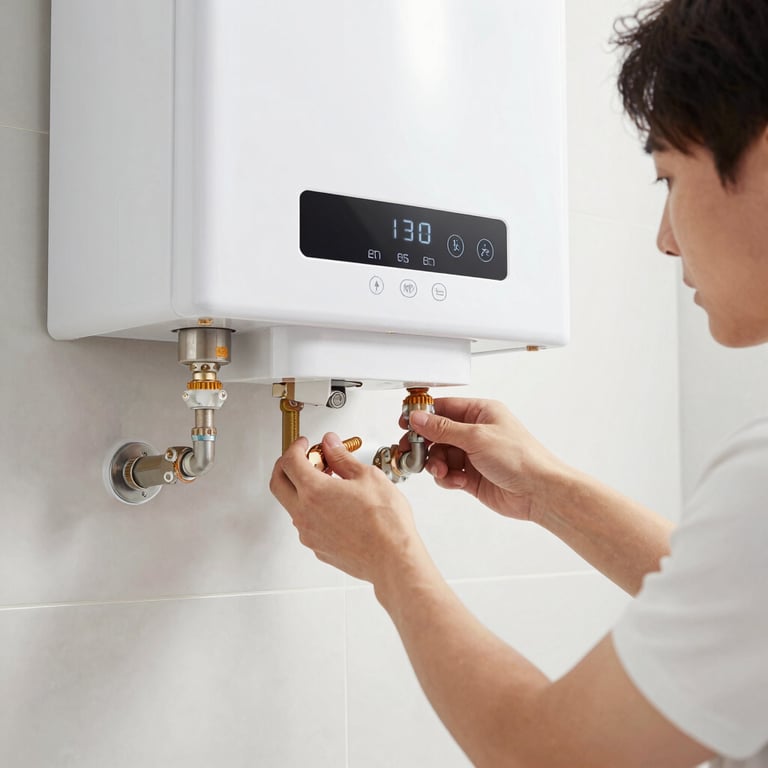 A professional installing a modern electric water heater in a laundry room, bright and clean lighting.
