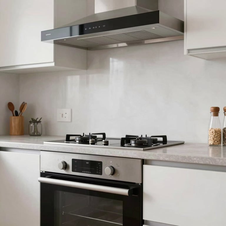 A bright European / Spanish kitchen with a newly installed oven and extractor hood, highlighting functional design.