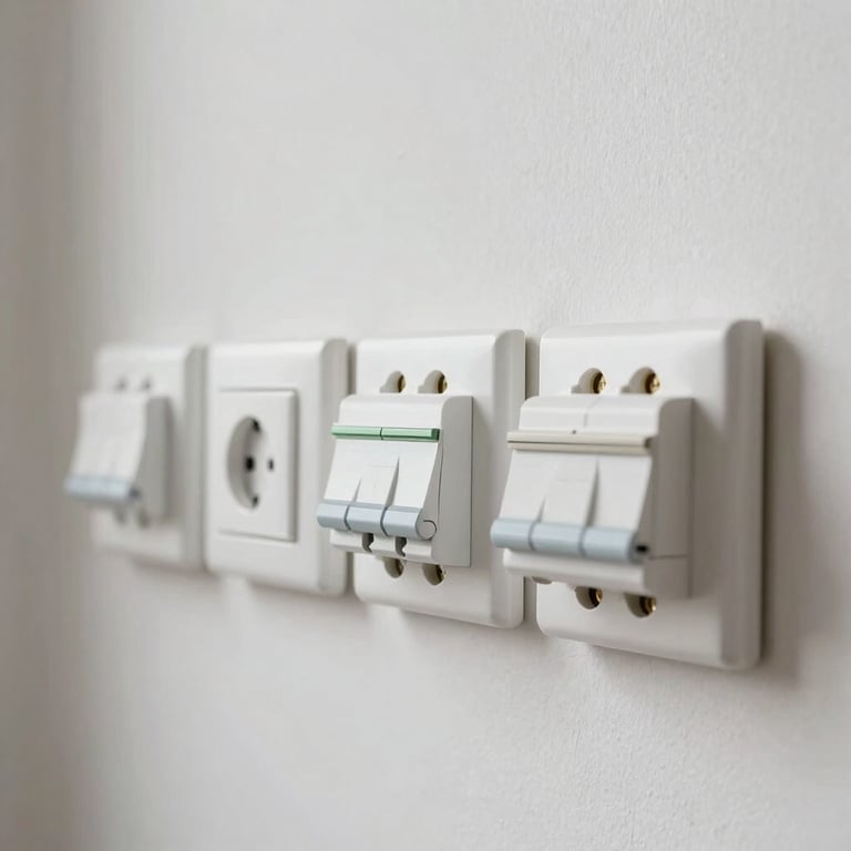 A series of high-quality electrical switches and sockets installed on a clean wall in a European / Spanish apartment.