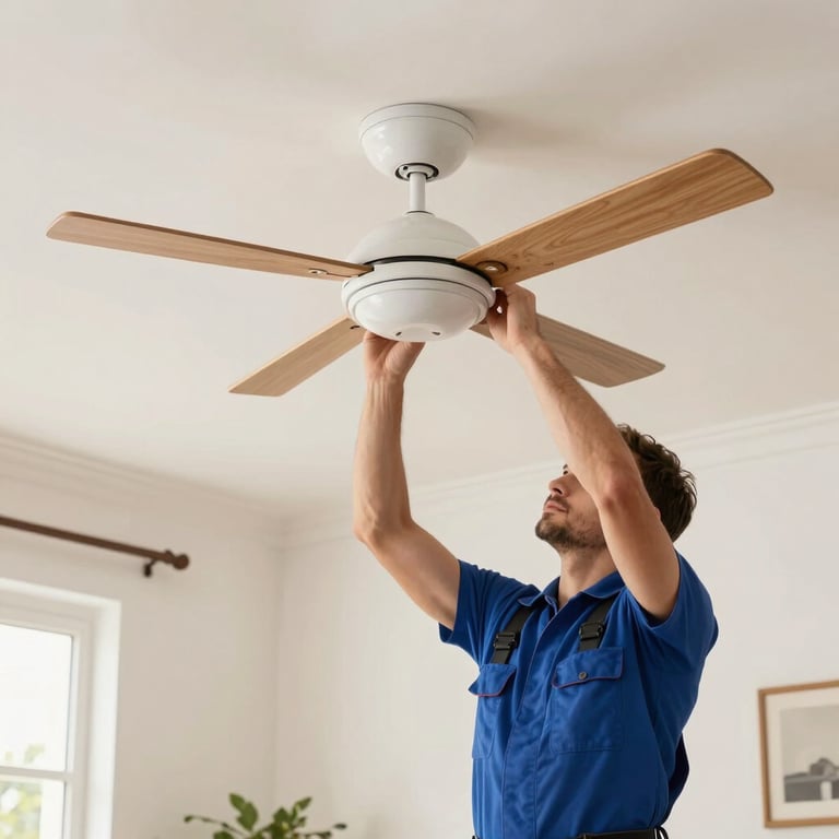 An electrician installing a contemporary ceiling fan in a bright European / Spanish living room, soft off-white background.