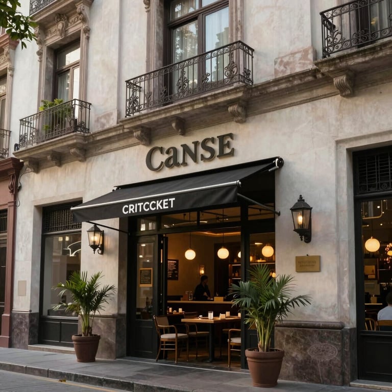 The exterior of a successful high-ticket restaurant with elegant architecture in a Mexican business district.