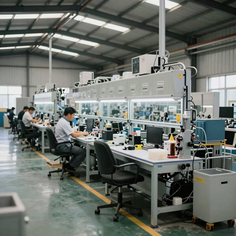 An industrial warehouse with clean, organized production lines, demonstrating operational order.