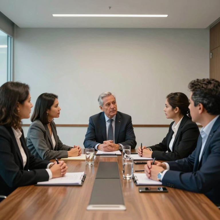 A group of professionals in a modern Mexican boardroom during a strategic session.
