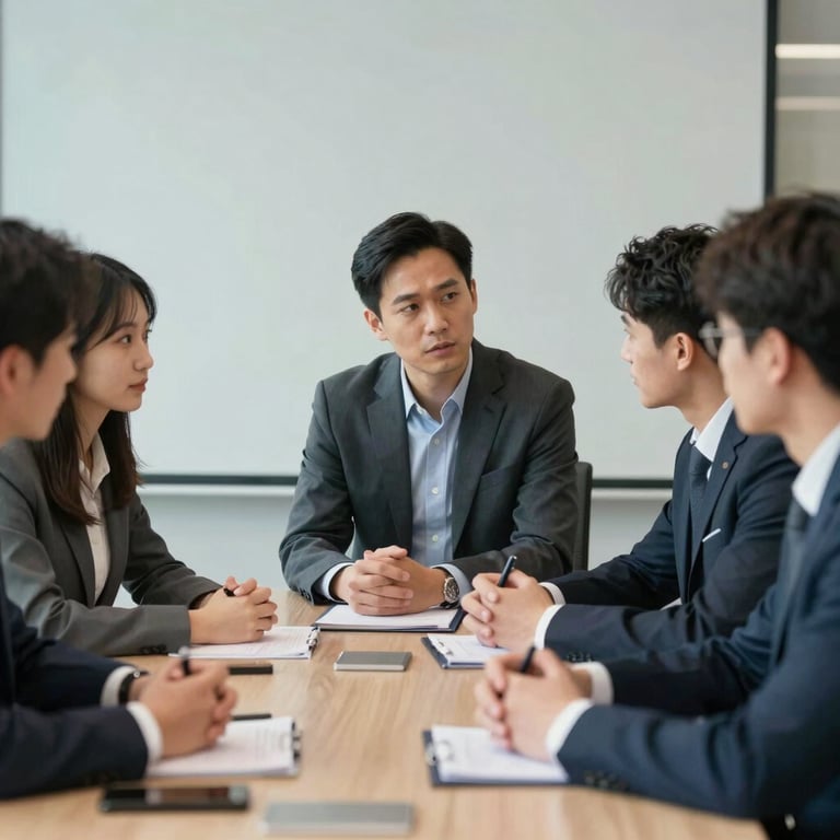 Team meeting at a professional consulting firm, focused and collaborative environment.