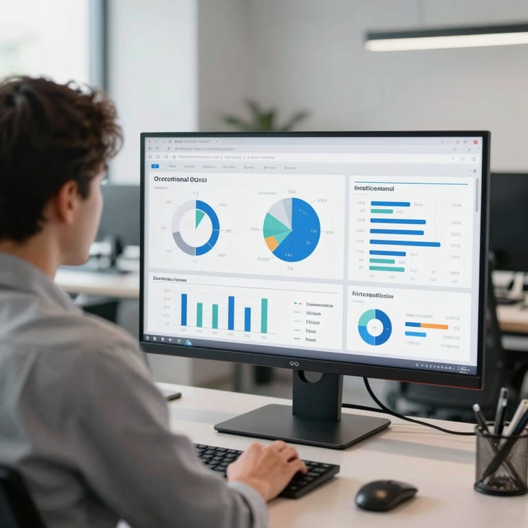 A business owner reviewing operational dashboards on a screen in a bright, organized office.