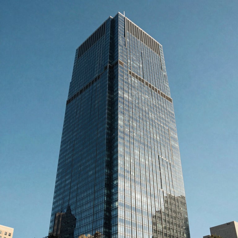 Architectural shot of a modern glass skyscraper against a clear blue sky in a North American business district.