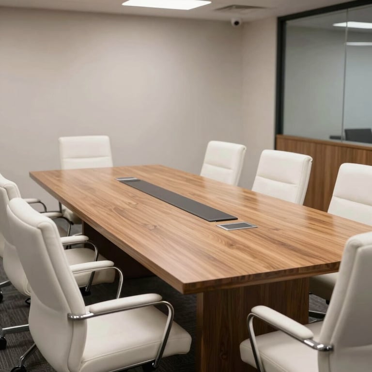 A bright conference room with a large oak table and white leather chairs in a North American corporate setting.