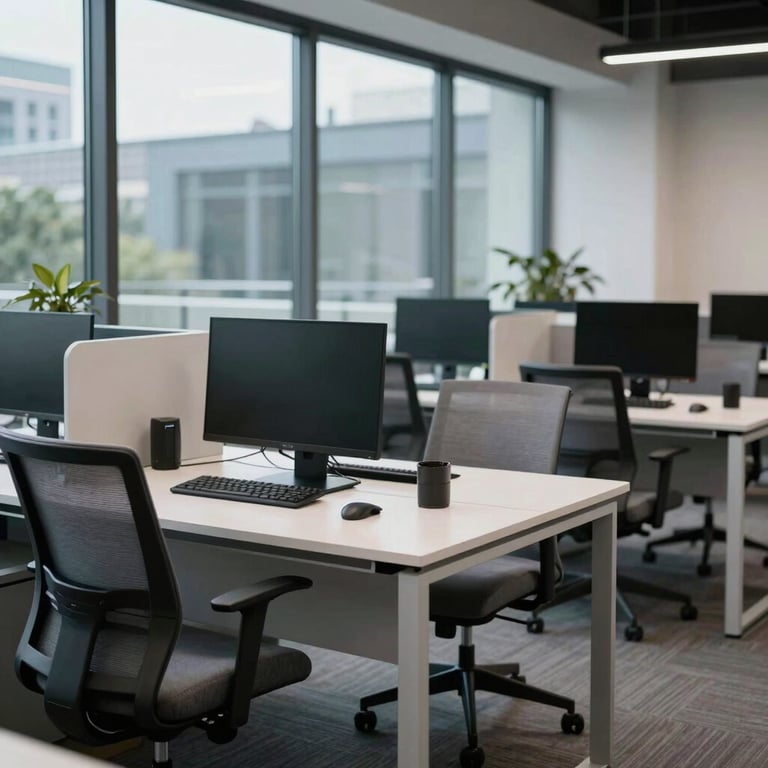 A professional workspace with white desks, slate grey ergonomic chairs, and large floor-to-ceiling windows.