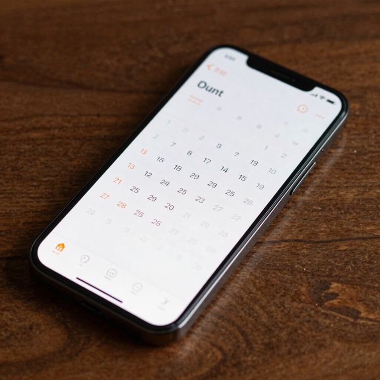 Macro photography of a modern smartphone on a polished wooden surface showing a clean business calendar interface.