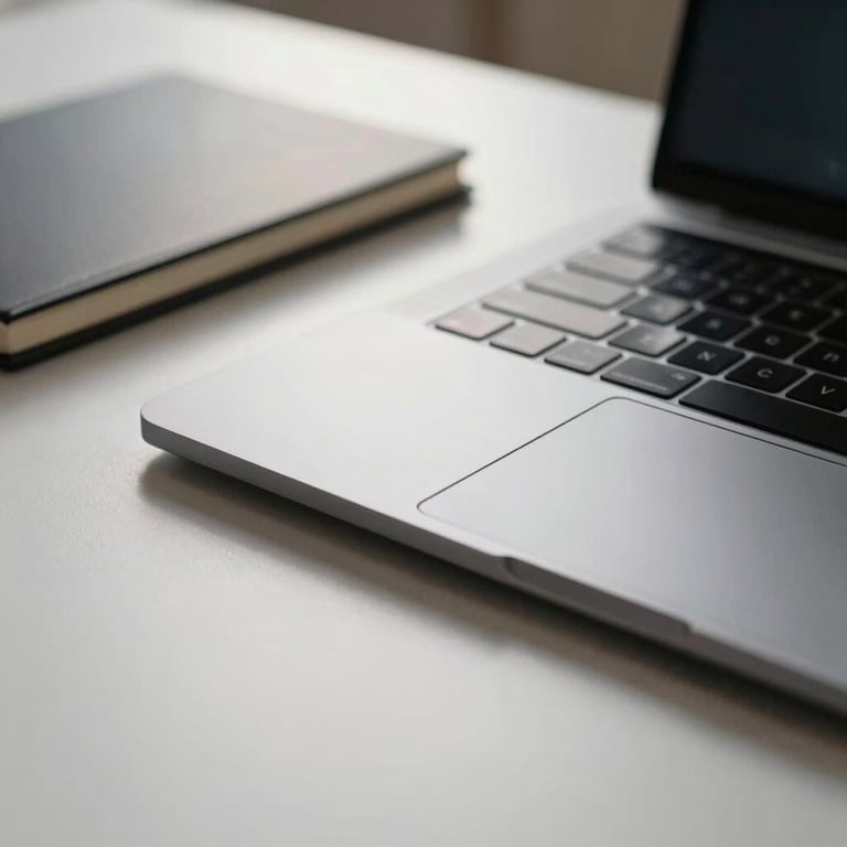 Close-up of a sleek silver laptop on a white desk next to a modern notebook, soft morning light.