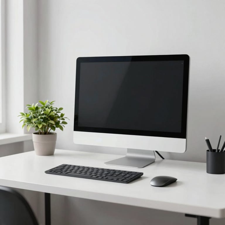 A clean, minimalist desk with a high-end monitor and a small green plant in a bright North American office.