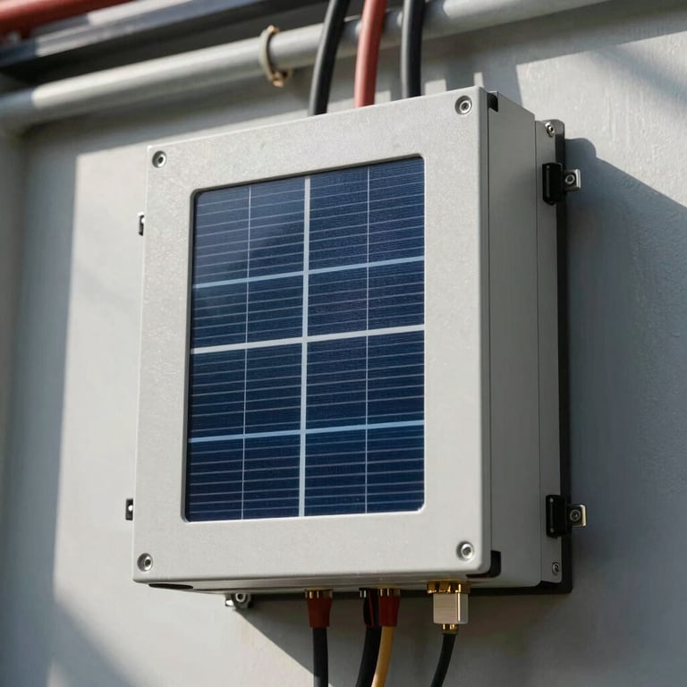 Close-up of a high-performance solar inverter mounted on an industrial wall, clean wiring conduits, sharp direct sunlight, technical precision.