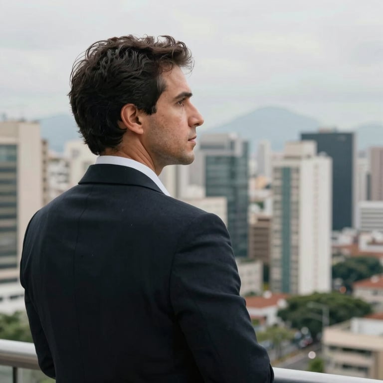 A professional man looking out over a city skyline in Brazil, contemplating his successful career path.