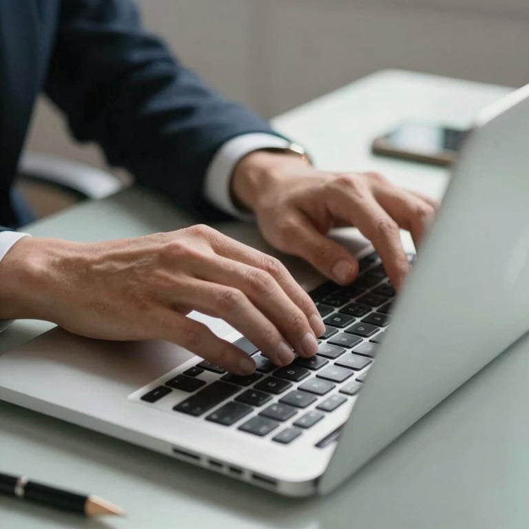 A close-up of a professional person's hands typing on a laptop, surrounded by light sage office supplies.