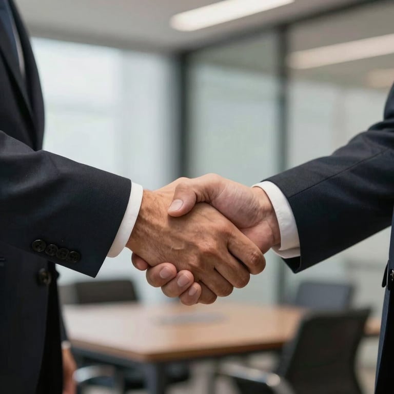 A firm handshake between two professionals in a corporate setting in Sao Paulo, conveying trust and partnership.