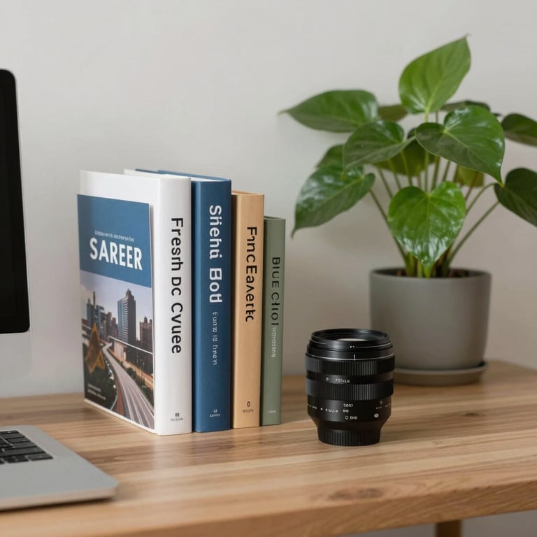 A minimalist home office setup with professional books and a green plant, representing a fresh start in career.