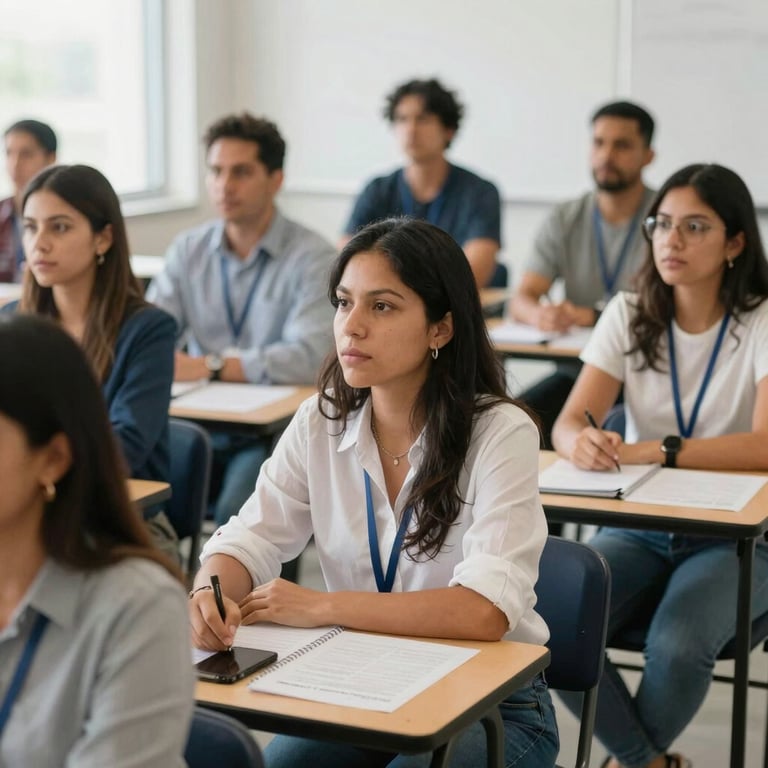 A diverse group of South American professionals in a brightly lit training room, participating in a workshop.