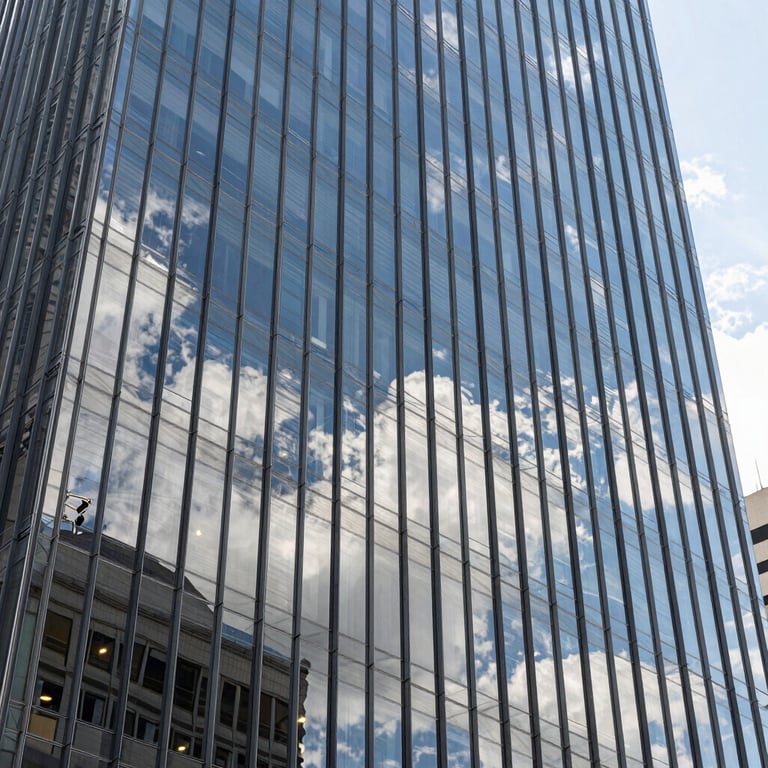 A modern glass office building reflecting the Brazilian sky, symbolizing growth and corporate excellence.