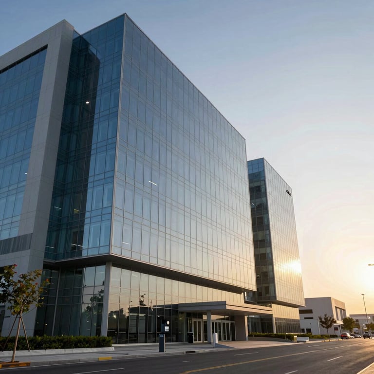 The exterior of a state-of-the-art medical facility in the Middle Eastern / Gulf with modern glass architecture at sunrise.