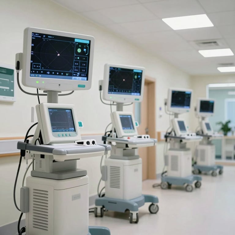 A modern, clean hospital corridor with high-tech patient monitoring screens in a Middle Eastern / Gulf healthcare facility.