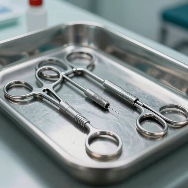 A close-up of sterile surgical instruments on a stainless steel tray in a Middle Eastern / Gulf medical center, bright clinical lighting.