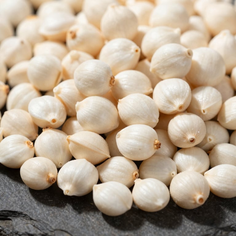High-contrast macro shot of raw, white makhana seeds piled on a dark stone surface under bright sunlight, sharp textures.