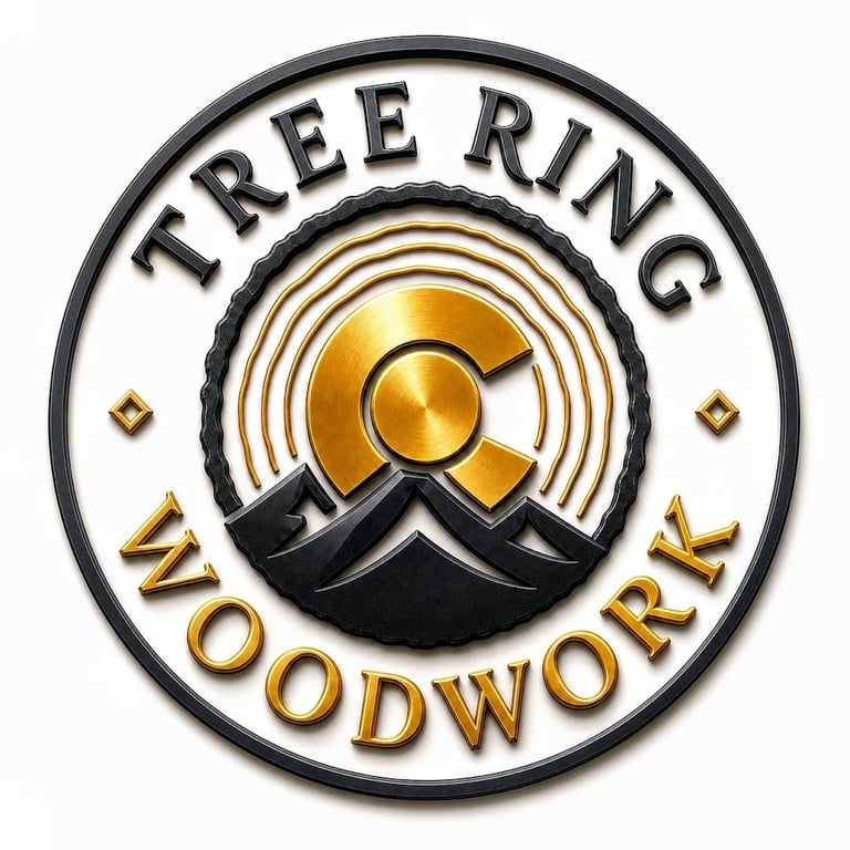 Tree Ring Woodwork logo featuring a golden tree ring and mountain peaks in a circular design.