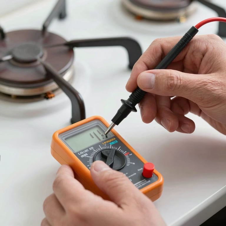 Macro close-up of a technician's hands using a multimeter on an exposed stove heating element under bright utility lighting, crisp focus on the tool and component.