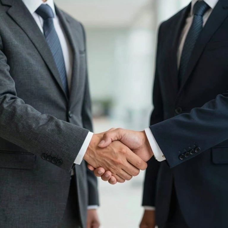 A handshake between two professionals in business attire, conveying agreement and trust in a Brazilian corporate setting.