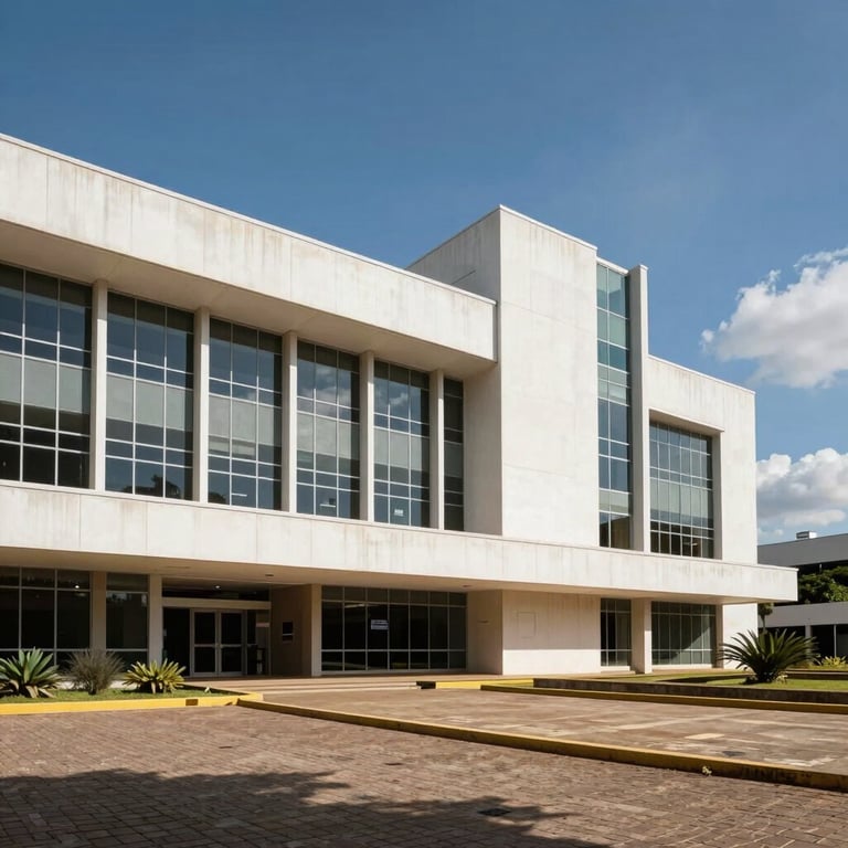 A wide shot of a modern courthouse architecture in Brazil, featuring clean lines and a professional atmosphere under a blue sky.