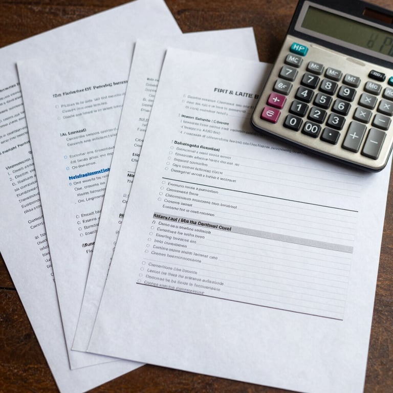 A collection of legal documents and a calculator on a desk, representing precise labor calculations and financial justice.